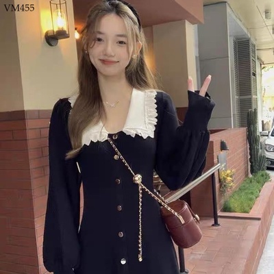 VM455 VÁY LEN DÁNG DÀI PHỐI CỔ