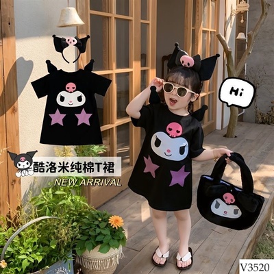 V3520 Set váy suông + bờm + túi Kuromi cho bé