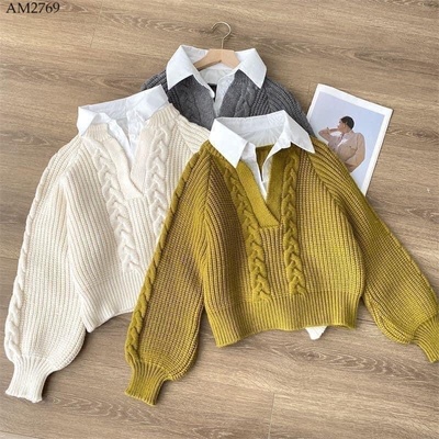 AM2769 ÁO LEN CỔ SƠ MI GIẢ 2 MẢNH