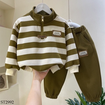ST2992  Bộ nỉ kẻ cổ kéo khóa bé trai