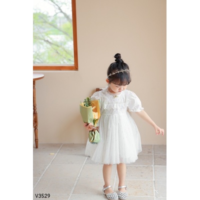 V3529 VÁY CÔNG CHÚA TRẮNG TAY BỒNG PHỐI REN