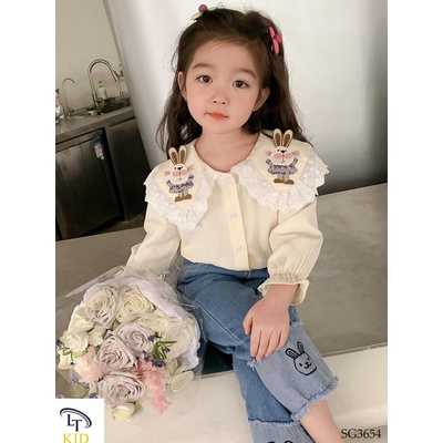 SG3654  Set áo sơ mi cổ bèo mix quần jean thỏ cho bé