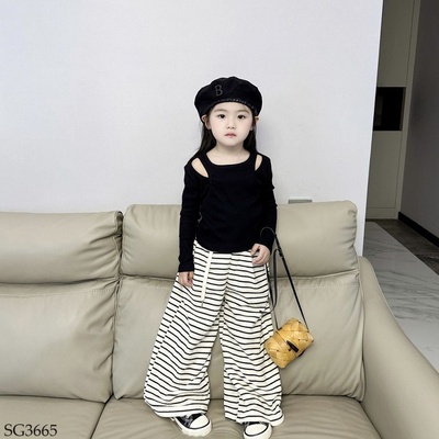 SG3665  SET ÁO TĂM DÀI TAY PHỐI QUẦN KẺ ỐNG SUÔNG CHO BÉ GÁI