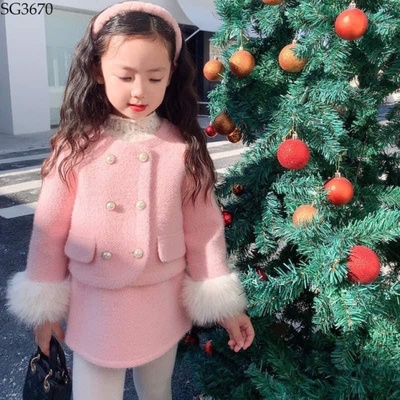 SG3670 -GIÁ MỚI- SET ÁO KHOÁC DẠ TAY PHỐI LÔNG + CHÂN VÁY CHO BÉ