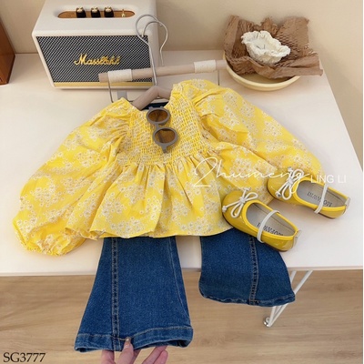 SG3777  SET ÁO HOA NHÍ MIX QUẦN JEAN TÚI TRÁI TIM CHO BÉ
