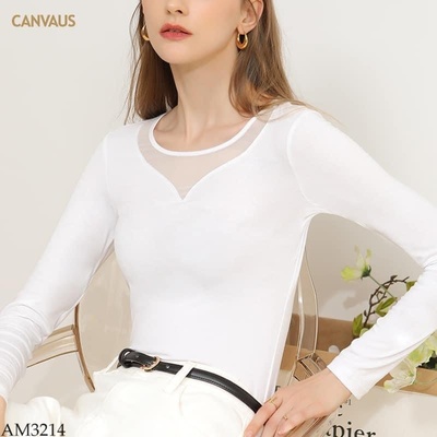 AM3214 ÁO CANVAUS CỔ TRÒN PHỐI LƯỚI