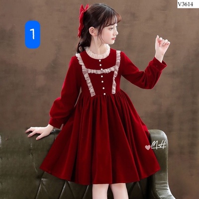 V3614 VÁY NHUNG ĐỎ BÉ GÁI
