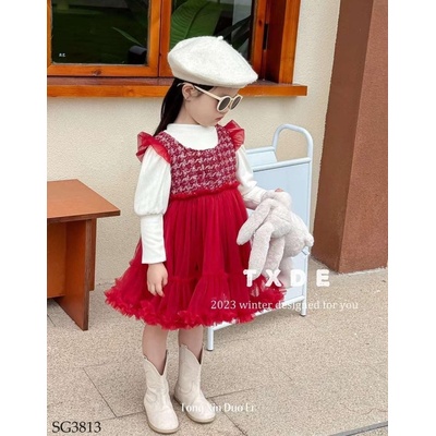 SG3813 SÉT ÁO DÀI TAY + VÁY DẠ ĐỎ CHO BÉ