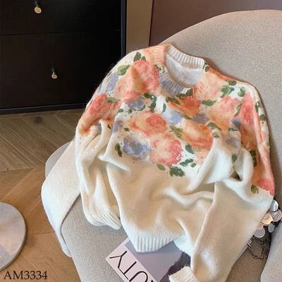 AM3334 ÁO LEN CỔ TRÒN HOA LÁ QC