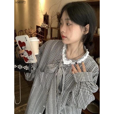 AM3372 ÁO SƠ MI KẺ PHỐI REN CHO NỮ
