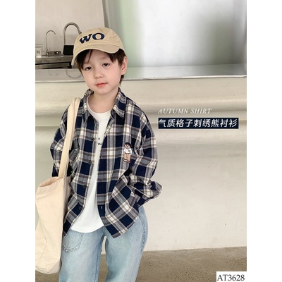 AT3628  Áo Sơ Mi Kẻ Sọc Thêu Gấu Cho Bé Nhà AMBB