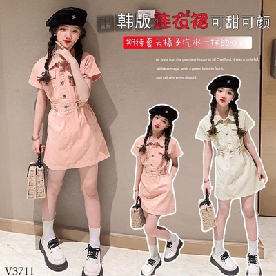 V3711  VÁY KAKI TAY NGẮN KHUY CHIẾT EO CHO BÉ GÁI SIZE ĐẠI