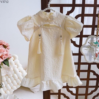 V3712 VÁY SƯỜN XÁM PHỐI NGỌC CHO BÉ GÁI