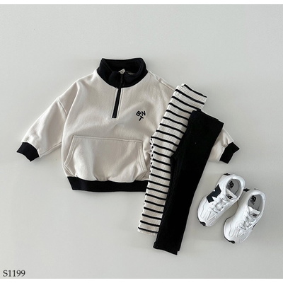 S1199  ÁO NỈ CỔ ĐỨNG + QUẦN LEGGING KẺ CHO BÉ