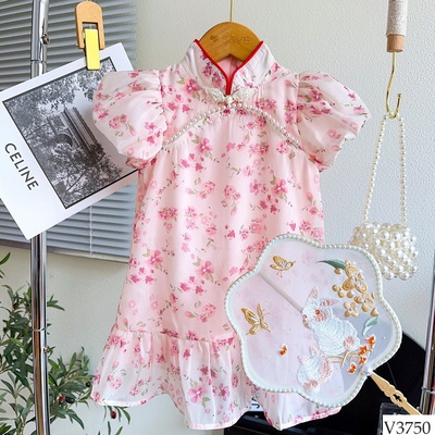 V3750 VÁY SƯỜN XÁM HOA HỒNG ĐUÔI CÁ CHO BÉ GÁI
