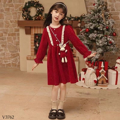 V3762 VÁY NHUNG ĐỎ BÉ GÁI