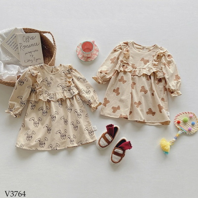 V3764  VÁY DÀI TAY IN HÌNH GẤU CUTE CHO BÉ