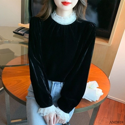 AM3818 ÁO NHUNG PHỐI CỔ REN CHO NỮ