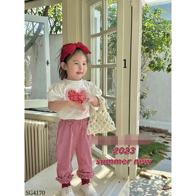 SG4170 SET ÁO THUN TRÁI TIM MIX QUẦN KẺ BÉ GÁI