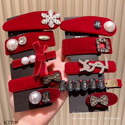 KT709 SET 5 KẸP NHUNG ĐỎ ĐÍNH ĐÁ NGỌC
