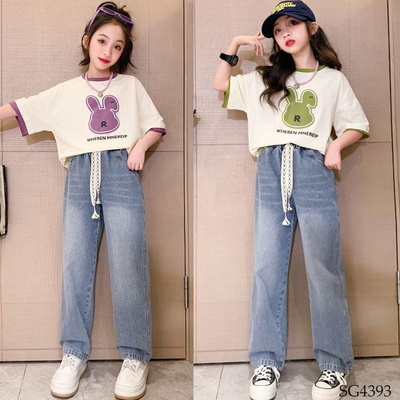 SG4393 SET ÁO PHÔNG THỎ MIX QUẦN JEAN SUÔNG BÉ GÁI