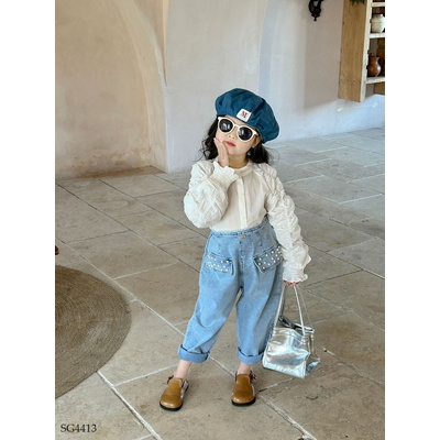 SG4413 ÁO SƠ MI TAY NHÚN MIX QUẦN JEAN BAGGY CHO BÉ GÁI
