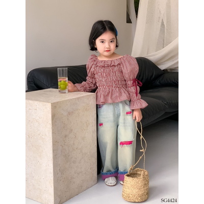 SG4424 ÁO KẺ NHÚN MIX QUẦN JEAN RÁCH CHO BÉ GÁI