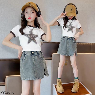 SG4516  SET ÁO PHÔNG IN CHỮ MIX QUẦN JEAN GIẢ VÁY CHO BÉ