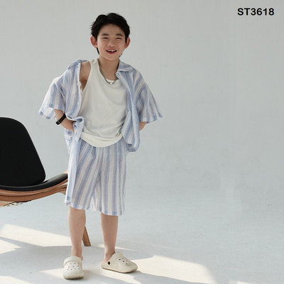 ST3618 Set áo sơ mi kẻ và quần short  bé trai