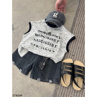 ST4049 Set áo tanktop chữ mix quần jean rách QC