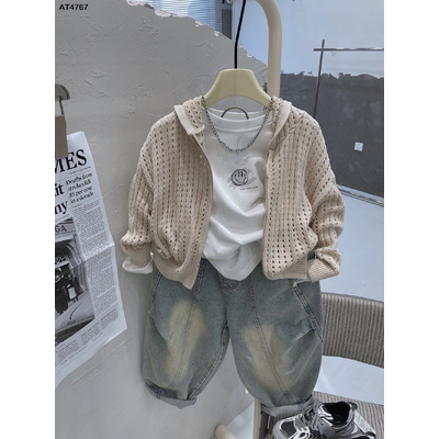 AT4767 ÁO LEN CARDIGAN LƯỚI DỆT KIM CÓ MŨ CHO BÉ