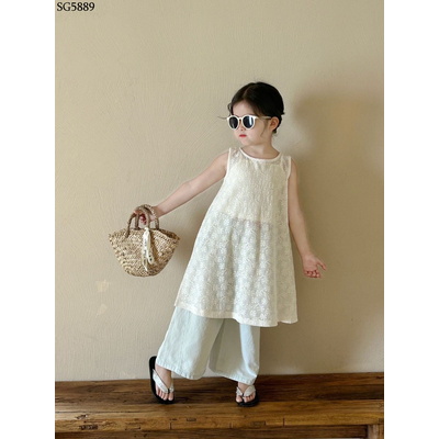 SG5889 SET ÁO VÁY REN MIX QUẦN JEAN SUÔNG BÉ GÁI