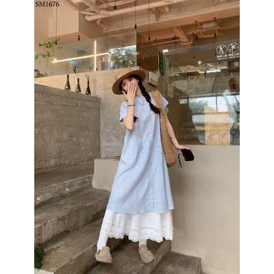 SM1676 SET ÁO SƠ MI DÁNG DÀI MIX CHÂN VÁY REN