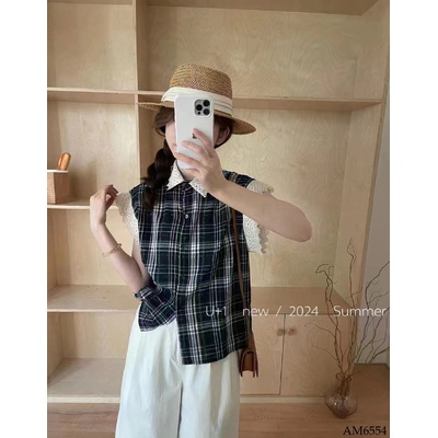 AM6554  ÁO SƠ MI KẺ VIỀN REN CHO NỮ 