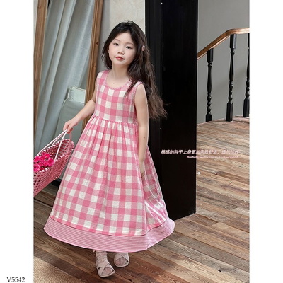 V5542 VÁY SÁT NÁCH KẺ HỒNG CHO BÉ 