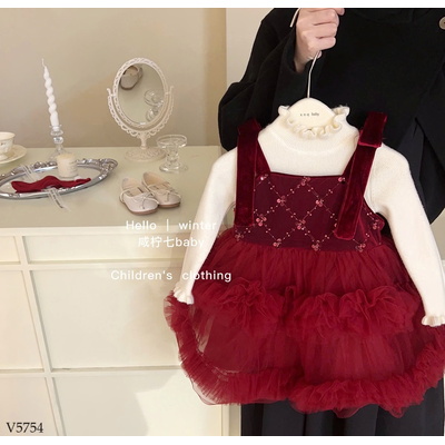 V5754 SET ÁO VÁY NHUNG ĐỎ CHO BÉ GÁI