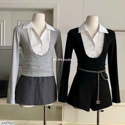 AM7824  ÁO PHỐI CỔ SƠ MI GIẢ 2 MẢNH WGWE