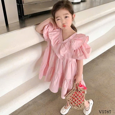 V5787  VÁY HỒNG CỔ TIM CHO BÉ GÁI