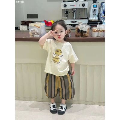 ST4653 Set áo phông chữ và quần kẻ cho bé