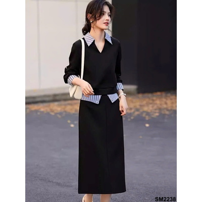 SM2238 SET VÁY NỈ MIX CỔ SƠ MI KẺ CHO NỮ