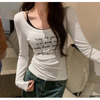 AM9772 ÁO IN CHỮ CỔ TRÒN NỮ