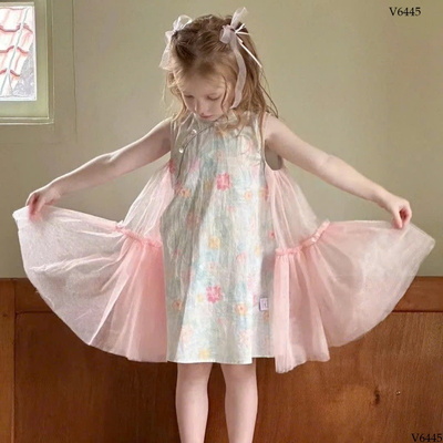 V6445 VÁY HOA SƯỜN XÁM PHỐI VOAN LƯỚI CHO BÉ GÁI