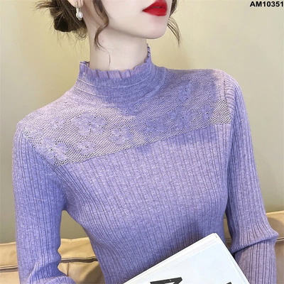 AM10351 ÁO LEN CỔ LỌ PHA REN HOA NỮ