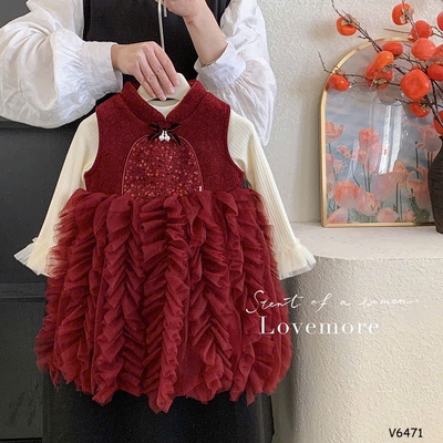 V6471 VÁY ĐỎ PHỐI BÈO BÉ GÁI