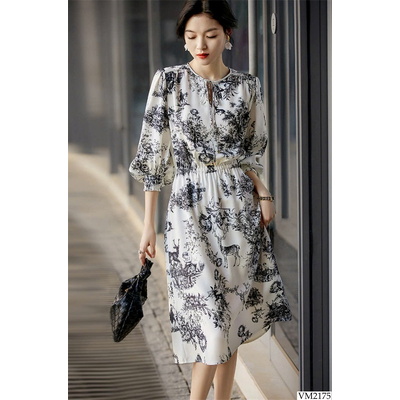 VM2175  VÁY HOẠ TIẾT BO CHUN TAY