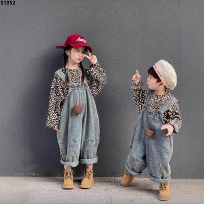 S1952 SET QUẦN YẾM JEAN MIX ÁO THUN DA BEO CHO BÉ
