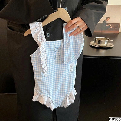 DB900 BIKINI KẺ CARO XANH PHỐI BÈO CHẤM BI CHO BÉ GÁI