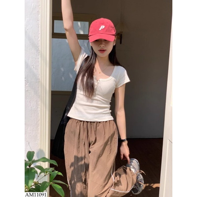 AM11091 ÁO PHÔNG CỔ CHỮ U NÚT BẤM