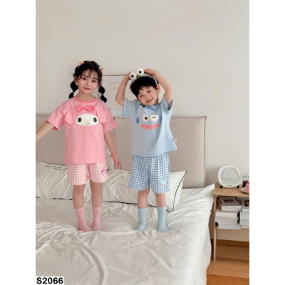 S2066 BỘ MẶC NHÀ HOẠT HÌNH CỘC TAY QUẦN KẺ CHO BÉ