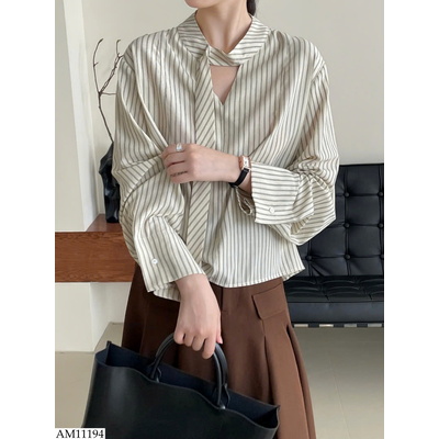 AM11194 ÁO SƠ MI CỔ THẮT NƠ KẺ SỌC